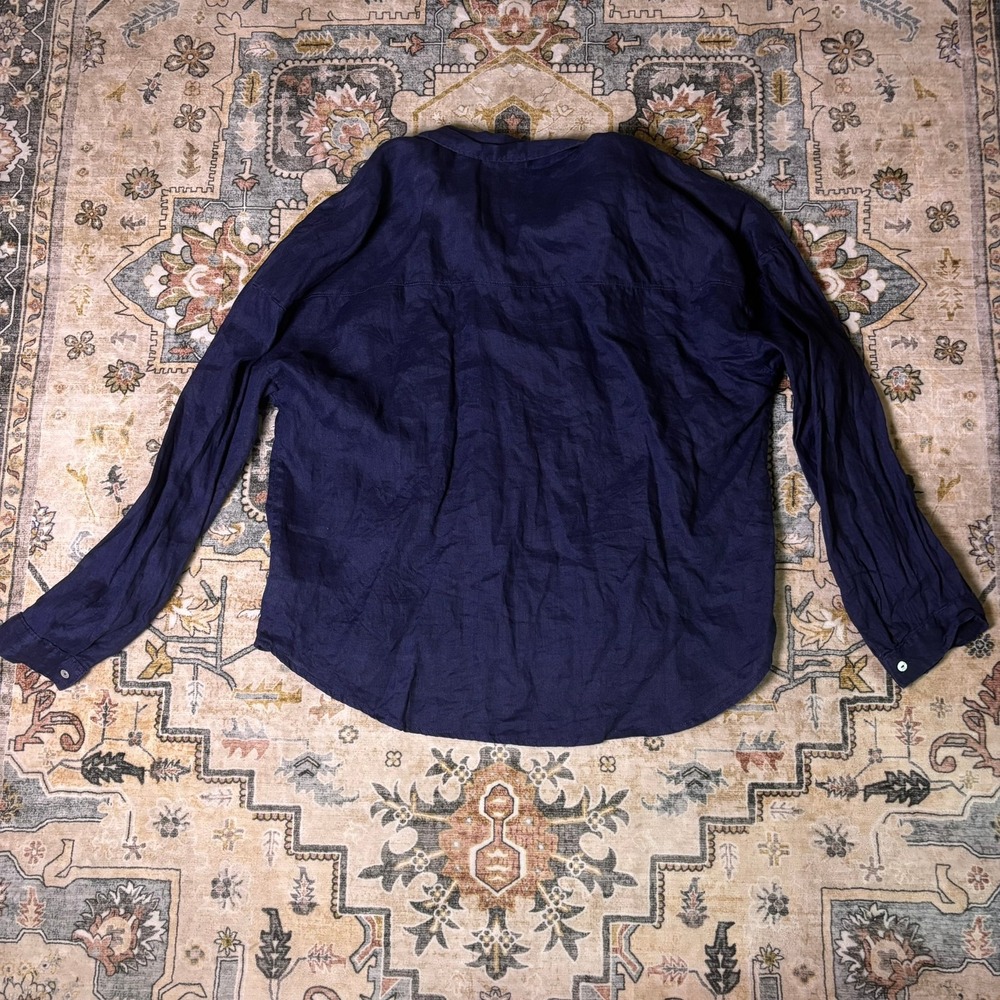 Rachel Zoe Navy Blue 100% Linen Button Down Shirt Womens Large Oversized Summer - Picture 3 of 10